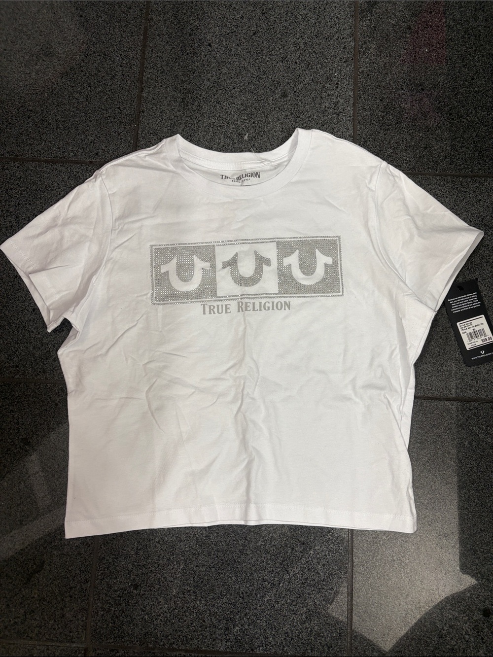 True Religion White Women’s Logo Tee with Silver Print